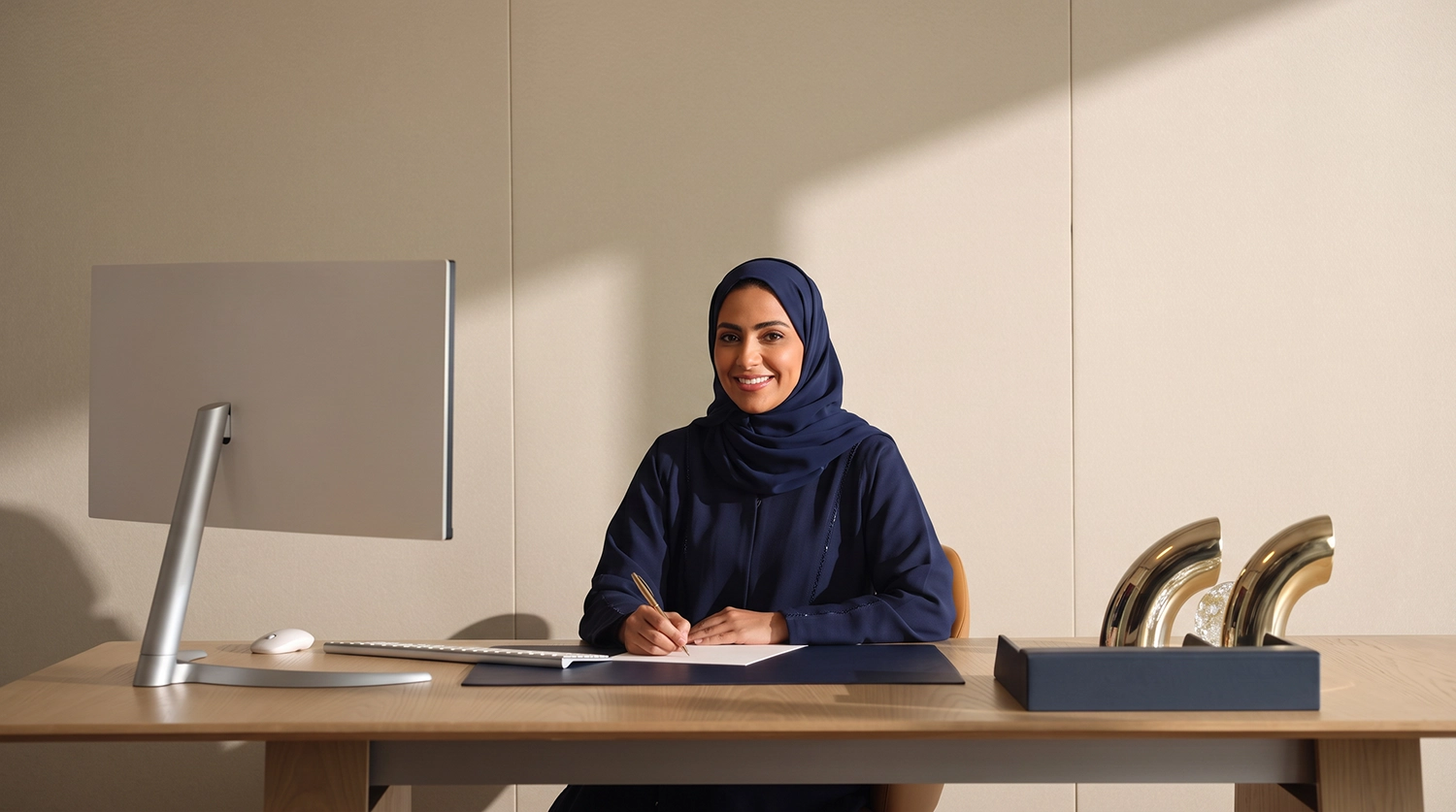 An Emirati woman sitting at a desk, focused on budget management and smart financial planning with National Bonds.