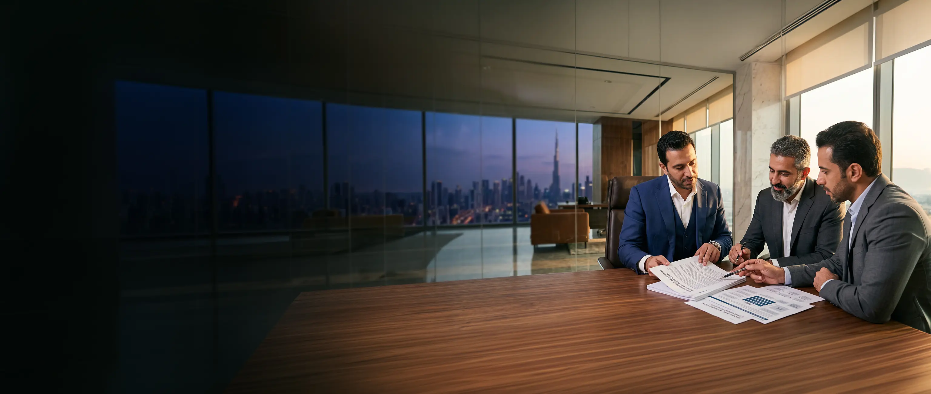 Three businessmen in suits reviewing documents together in a modern boardroom overlooking the Dubai skyline, representing the commitment to transparency and Anti-Money Laundering (AML) at National Bonds.