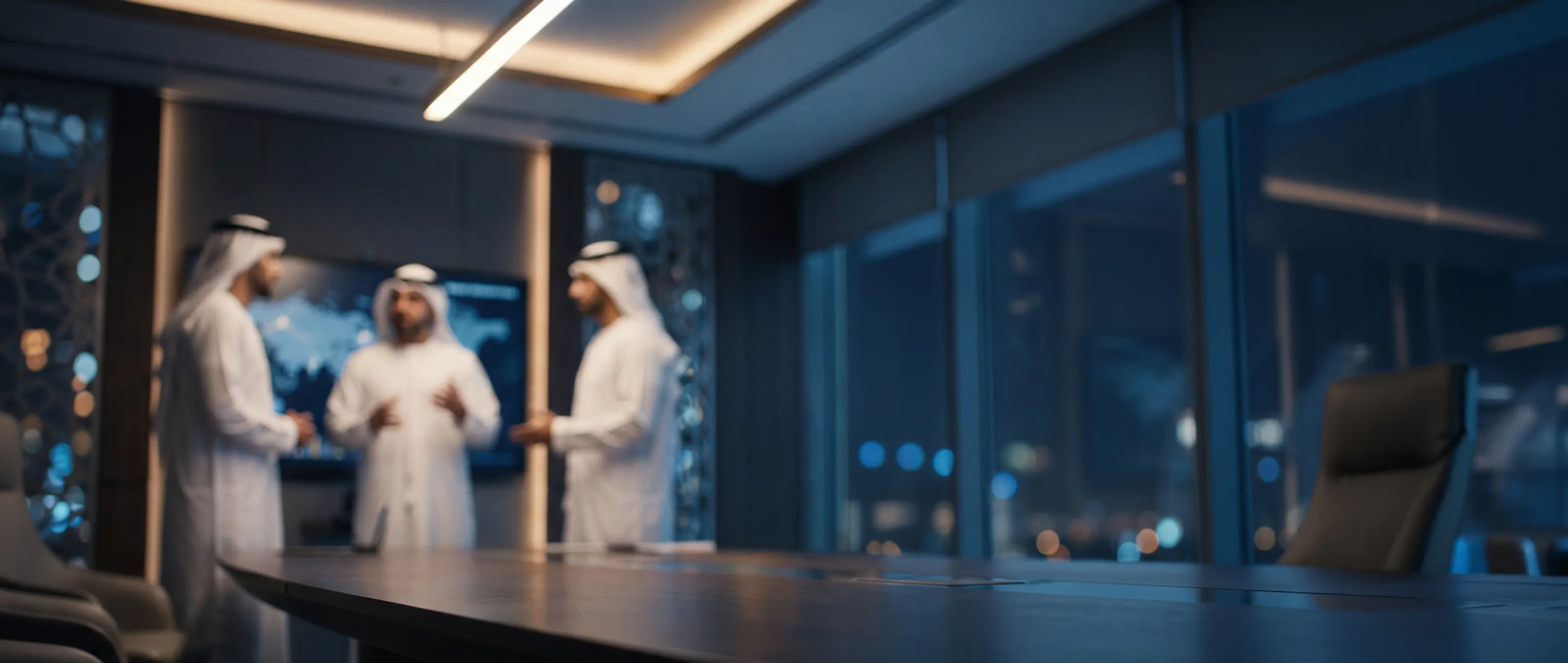 فريق الإدارة التنفيذية في الصكوك الوطنية يناقش استراتيجيات الشركة في قاعة اجتماعات حديثة.