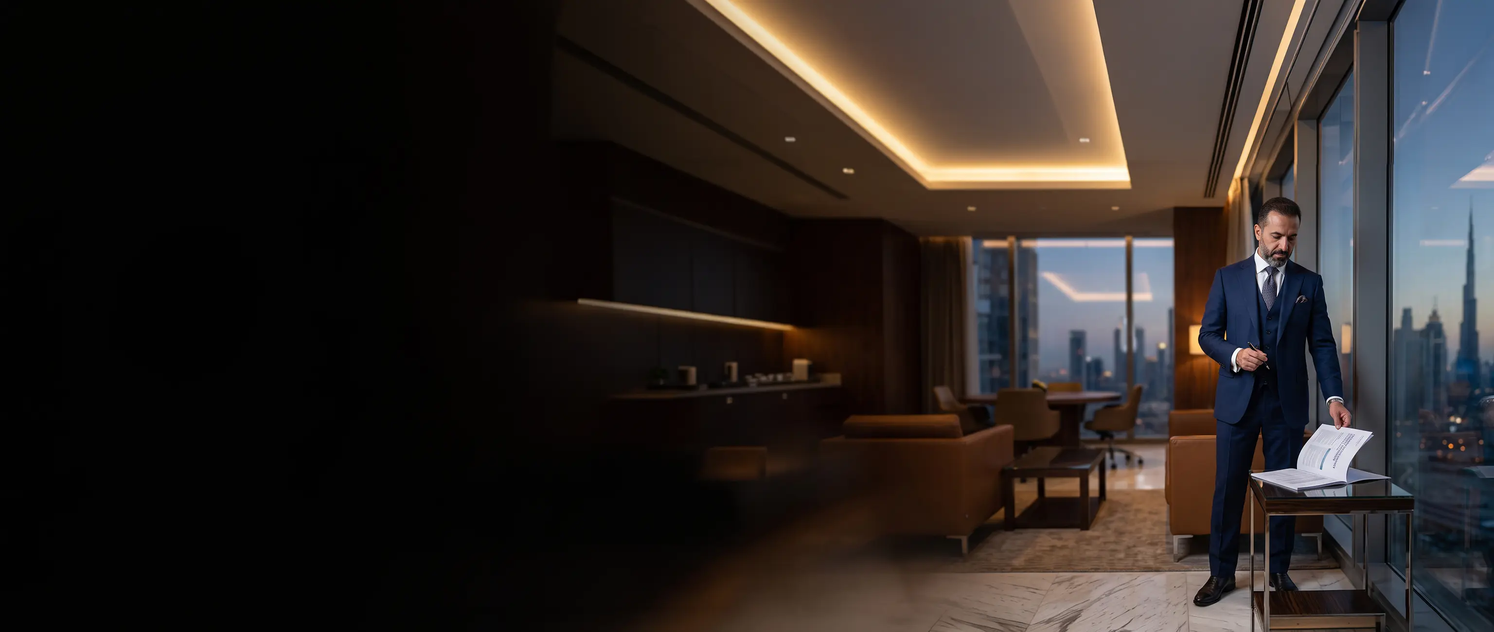 National Bonds financial expert reviewing investment documents in a modern office overlooking the Dubai skyline.