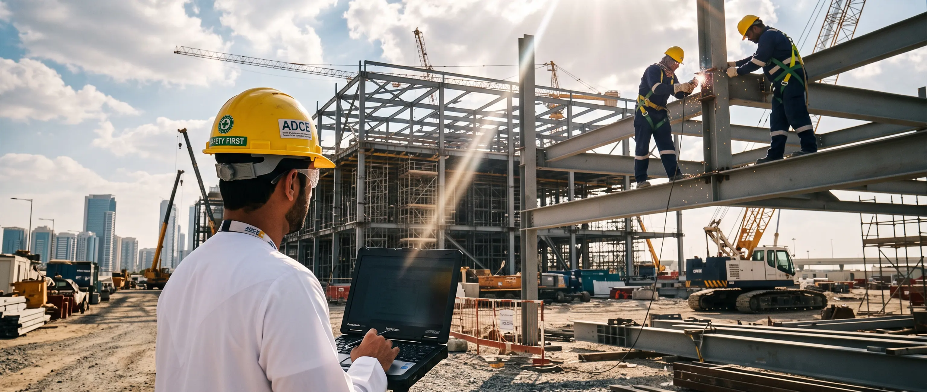 A professional Emirati project manager reviewing data on a laptop at a modern construction site, representing the robust real estate investments backing National Bonds' Shari'a-compliant funds.