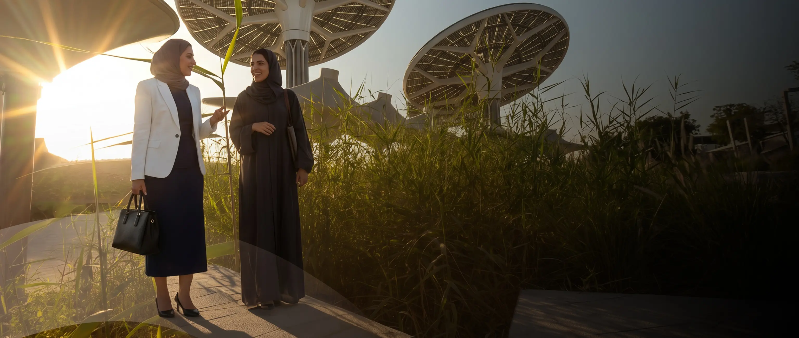 امرأتان تتحدثان أثناء المشي في مسار تحيط به المساحات الخضراء وهياكل مبتكرة للطاقة الشمسية، مما يمثل الاستثمار البيئي والمستدام مع "الصكوك المستدامة" من الصكوك الوطنية.