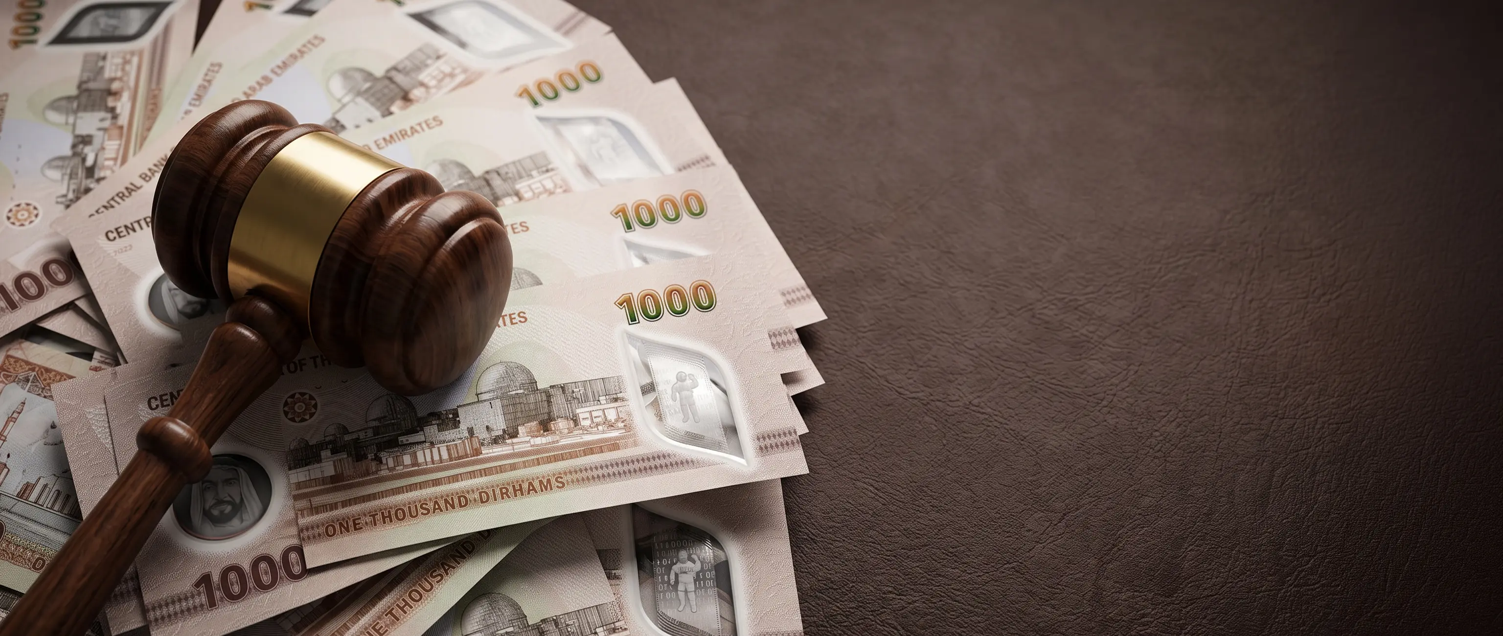 مطرقة قاضٍ خشبية موضوعة على أوراق نقدية من فئة 1000 درهم إماراتي، تبرز التنظيم المالي والامتثال لمكافحة غسل الأموال.