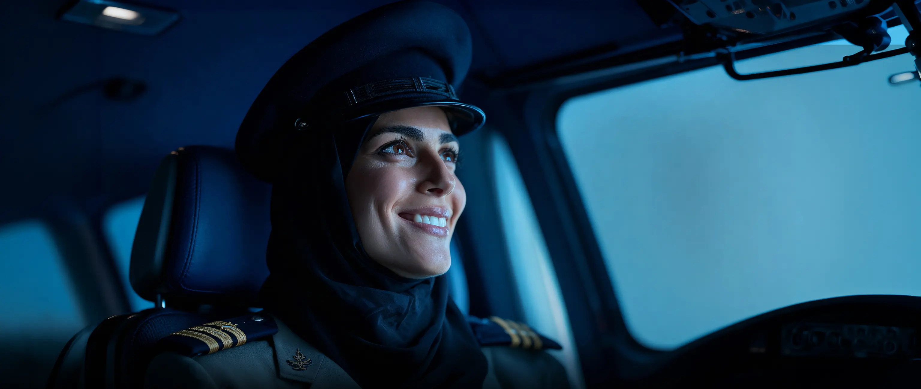 امرأة طيارة مبتسمة ترتدي الحجاب داخل قمرة القيادة، مما يمثل تحقيق الأحلام المهنية والتعليمية مع خطة التوفير "تعليمي" من الصكوك الوطنية.