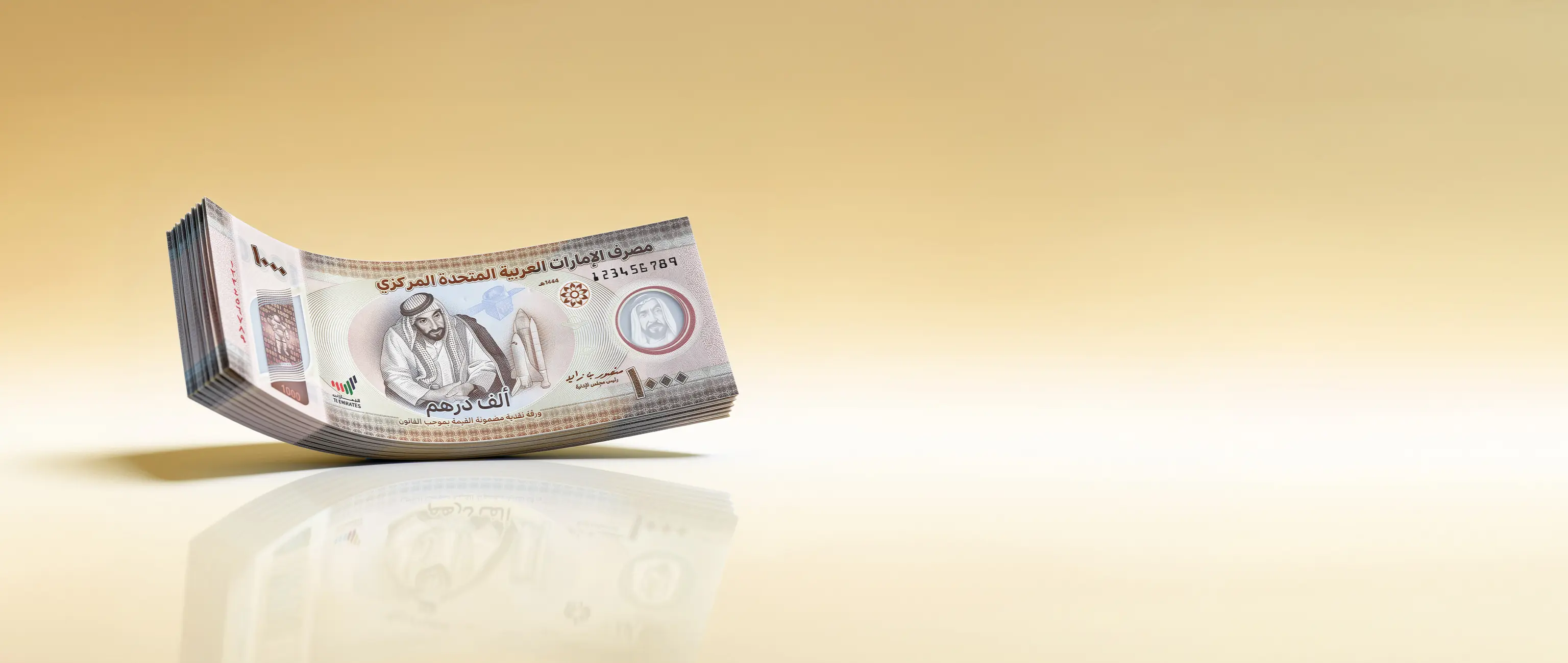 حزمة من الأوراق النقدية فئة 1000 درهم إماراتي، مما يمثل الاستثمار المالي ونمو الثروات مع صكوك التوفير من الصكوك الوطنية.