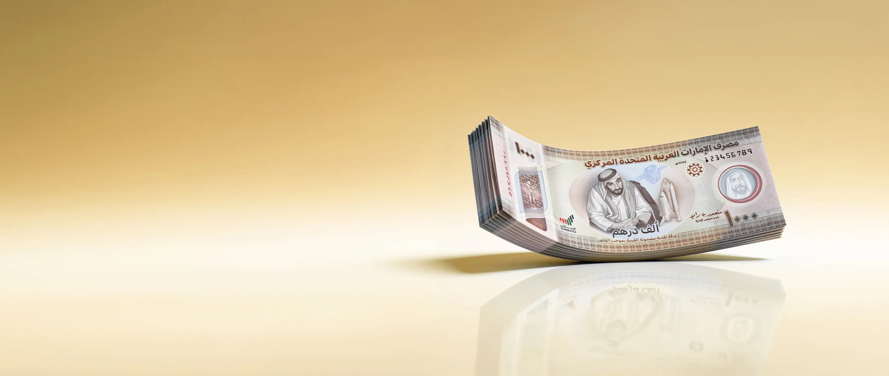 A stack of 1000 UAE Dirham banknotes, representing financial investment and wealth growth with Saving Bonds from National Bonds.