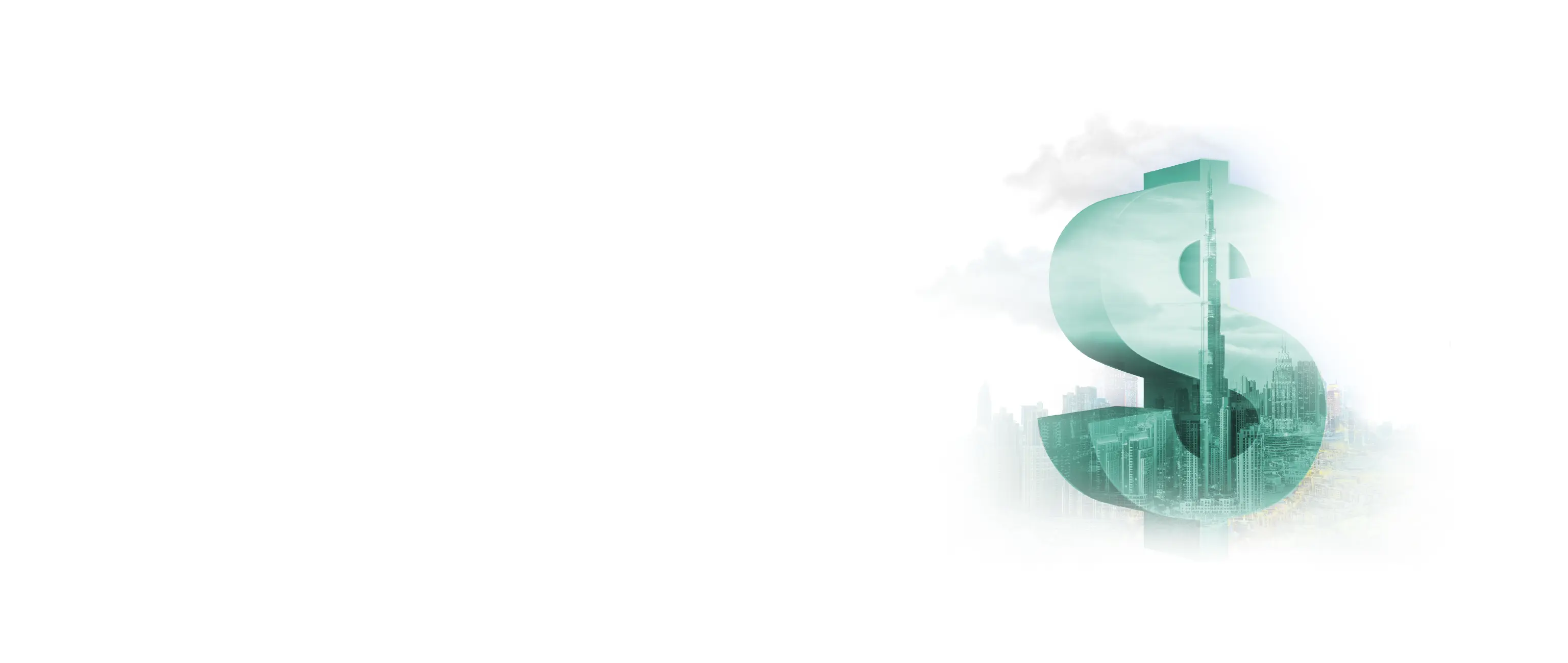 A transparent green dollar sign featuring a modern cityscape with skyscrapers and clouds inside, representing USD investment from National Bonds.